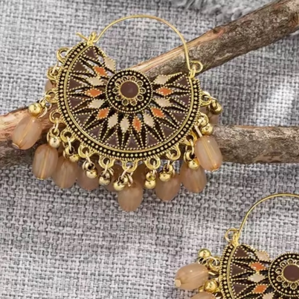 Ethnic Gypsy Taupe Gold Earrings - Picture 2 of 3